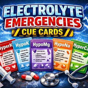 May include: Electrolyte Emergencies Cue Cards set featuring five colourful medical reference cards labelled HyperK, HypoK, HypoMg, HypoNa, and HyperCa. Includes a syringe, two capsules, and a stethoscope against a dark blue lightning background.