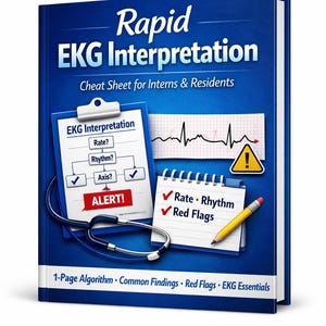 Könnte beinhalten: Ein blaues Buch mit dem Titel Rapid EKG Interpretation: Cheat Sheet for Interns & Residents. Das Cover zeigt ein Klemmbrett mit einem Flussdiagramm, einen Notizblock mit gelbem Bleistift, ein Stethoskop, einen EKG-Streifen und ein Warndreieck.