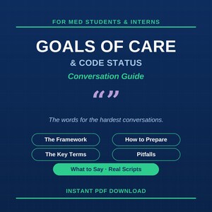 May include: A digital guide titled FOR MED STUDENTS & INTERNS GOALS OF CARE & CODE STATUS Conversation Guide. It includes sections for The Framework, How to Prepare, The Key Terms, Pitfalls, and What to Say Real Scripts. Text reads The words for the hardest conversations and INSTANT PDF DOWNLOAD.