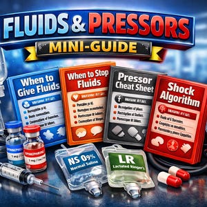 May include: A medical reference guide titled FLUIDS & PRESSORS MINI-GUIDE featuring four informational cards labeled When to Give Fluids, When to Stop Fluids, Pressor Cheat Sheet, and Shock Algorithm, alongside an IV bag, syringe, and blood pressure cuff.