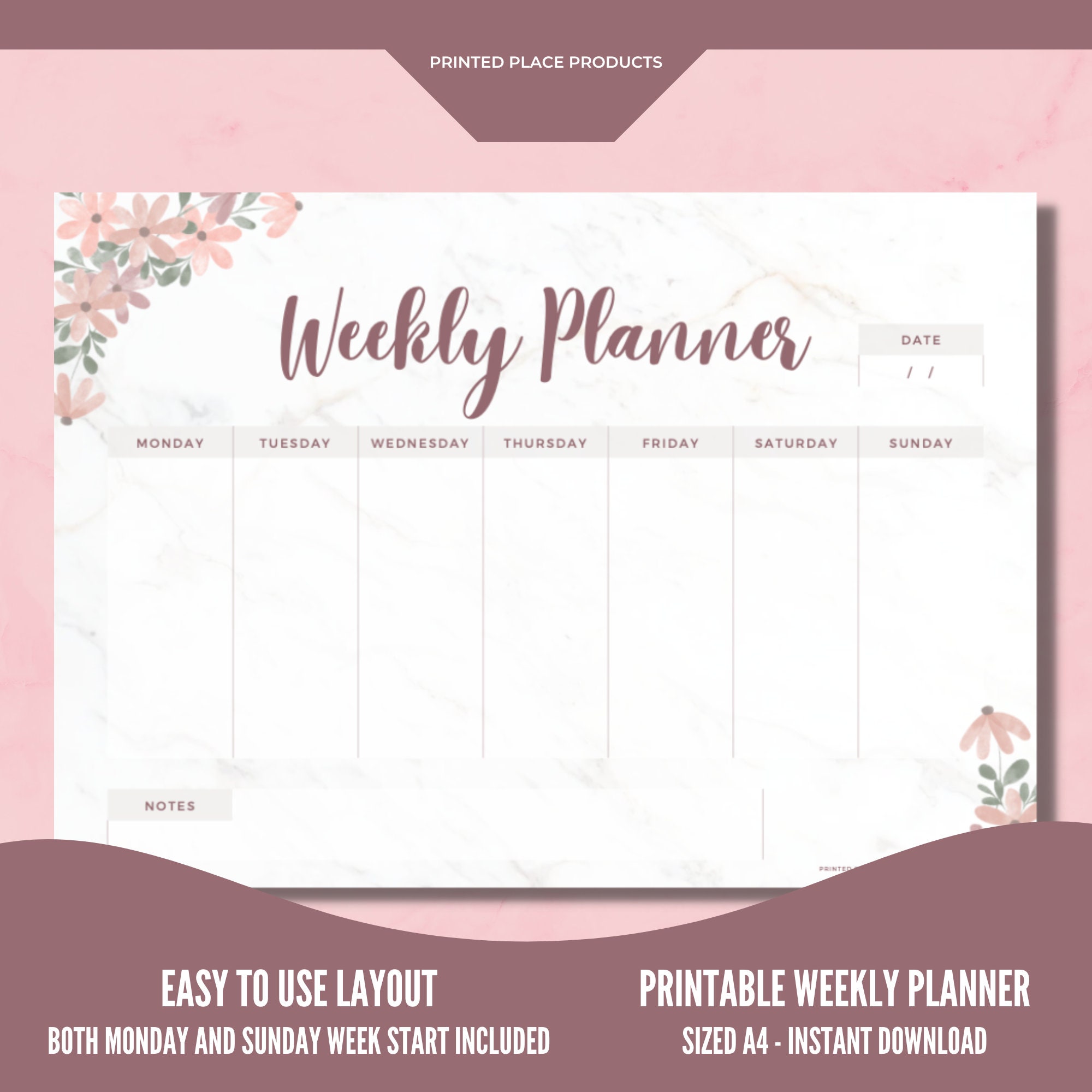 Weekly Planner Printable Landscape, Floral Marble Weekly Schedule ...