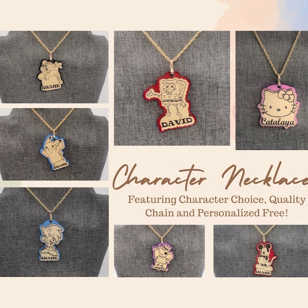 Collier personnalisé GRATUIT avec nom de personnage gravé pour enfants, bijoux de collier de dessin animé acrylique découpé au laser avec chaîne en or ou en argent de qualité