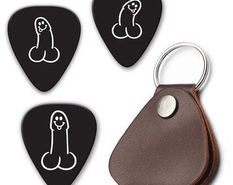 DickPicks ~ Pack of 3 x Guitar Plectrums with Leather Pick Holder Keyring ~ Strum away with the Floppy, the Semi or the Stiffy