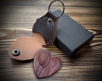 Love Heart Shaped Premium Wooden Guitar Plectrum Wood Pick with Leather Keyring & Gift Box