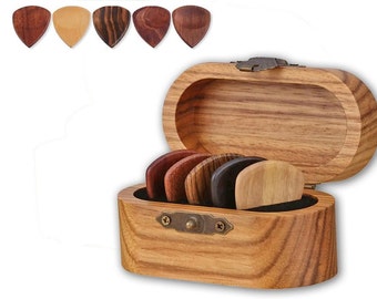 5 x Premium Wooden Guitar Plectrums & Storage Box Pick Tin Chest Gift Set for Guitarists