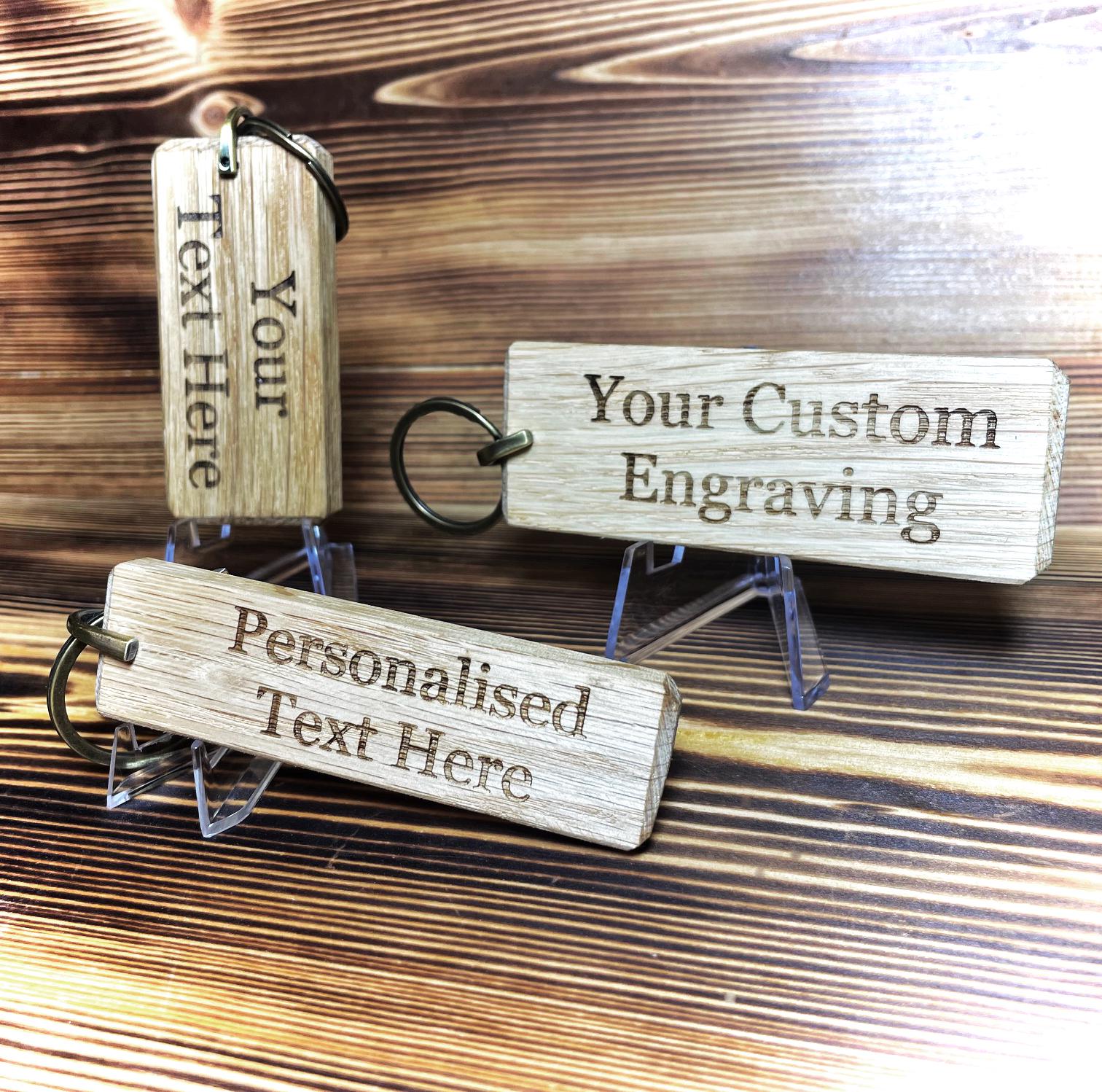 Handmade Rustic Oak Wooden Keyring: Custom Engraved Keychain Tag