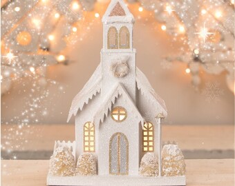 Bethany Lowe Christmas Metallic Church, Cottagecore, Shabby chic, Putz Style, Romantic holiday decor , Light Up, LC1564