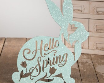 Bethany Lowe Pastel Spring Decor, Hello Spring Bunny Sign, Glitter Pastel Blue, RL1710