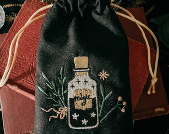 Tarot Card Bag Black Gold Tarot Witch Magic Potion Bottle Embroidered Drawstring Bag Witch Handmade
