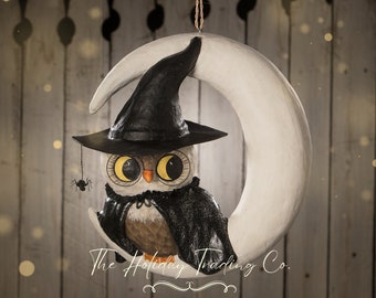 Bethany Lowe 2023 Decor Halloween Witchy Home Decor Owl On Moon Paper Mache TJ2305