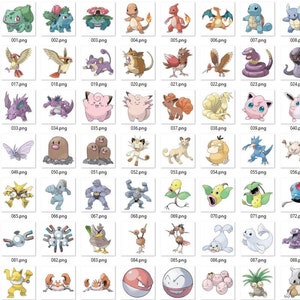 May include: A collection of 88 colorful cartoon images of Pokemon characters. The images are arranged in a grid of 11 rows and 8 columns. Each image is a square with a white background and a black outline. The Pokemon characters are depicted in various poses and expressions.