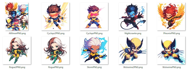 May include: A collection of nine cartoon images of X-Men characters. The characters are all in a chibi style and are posed in various action poses. The characters include Cyclops, Wolverine, Storm, Rogue, Nightcrawler, Phoenix, and a group of X-Men characters including Wolverine, Cyclops, Storm, Rogue, and Beast.
