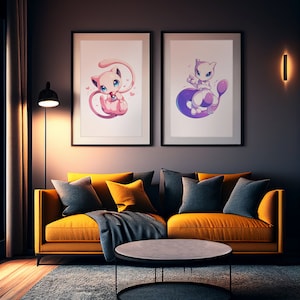 May include: Two framed illustrations of a pink and purple cartoon cat with a curled tail. The illustrations are hanging on a dark gray wall above a yellow couch with gray pillows and a black coffee table.