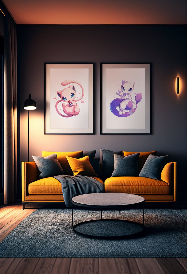 May include: Two framed illustrations of a pink and purple cartoon cat with a curled tail. The illustrations are hanging on a dark gray wall above a yellow couch with gray pillows and a black coffee table.