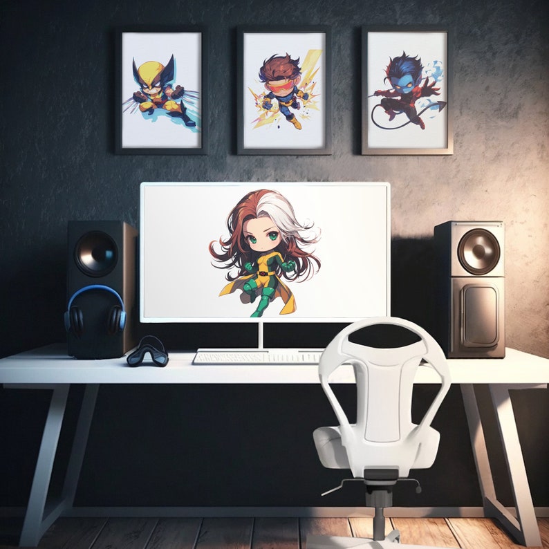 May include: A white computer desk with a white computer monitor, a white keyboard, a white gaming chair, and two black speakers. The monitor displays a cartoon image of a female character with green and yellow clothing. Three framed pictures are on the wall behind the desk. The pictures are of cartoon characters with yellow, blue, and green clothing.