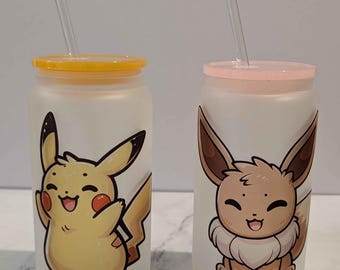 Baby Pokémon Glass Jars, 16oz Drinking Glass, Pikachu, Charmander, Bulbasaur, Eevee, Frosted Beer Glass, Cute Anime Tumbler, Kawaii Cups