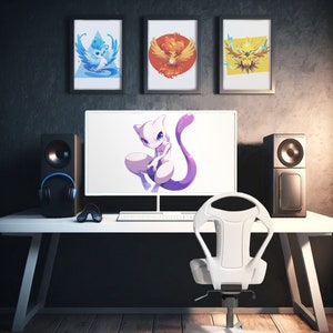 May include: A white desk with a white computer monitor, a white keyboard, a white chair, and two black speakers. The computer monitor shows a cartoon image of a purple and white Pokemon character. Three framed prints are on the wall behind the desk. The prints feature cartoon images of three different Pokemon characters.