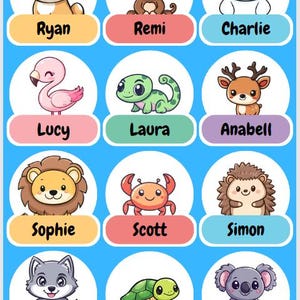 34 étiquettes animaux pour garderie - nom autocollants personnalisés pour enfants, images PNG animaux kawaii, étiquettes prénom école primaire, étiquettes bébé, enseignant PNG