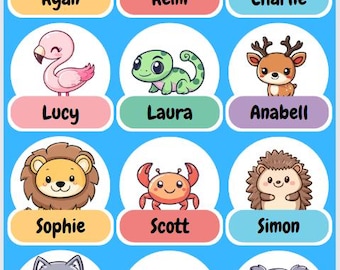 34 Animal Daycare Labels - Personalized Name Stickers for Kids, Kawaii Animal PNG Images, Primary School Name Tags, Baby Labels, Teacher PNG