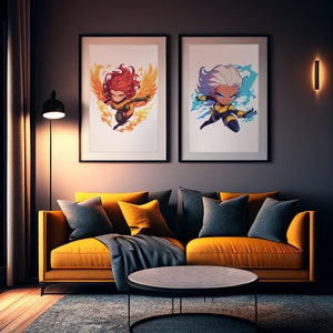 May include: Two framed prints of cartoon characters, one with a red-haired character with yellow wings and the other with a white-haired character with blue wings. The prints are hanging on a dark gray wall above a yellow couch with gray pillows and a black coffee table.
