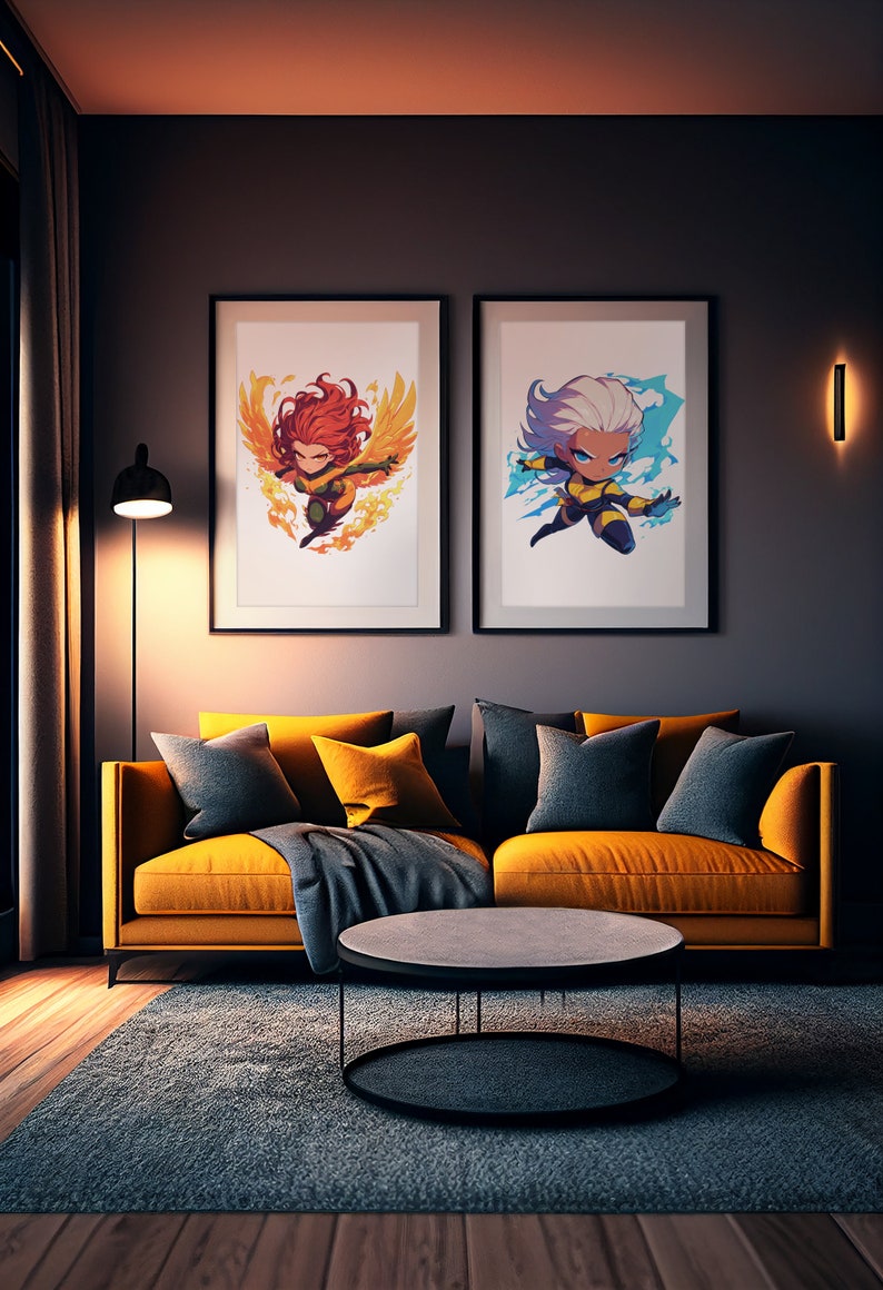 May include: Two framed prints of cartoon characters, one with a red-haired character with yellow wings and the other with a white-haired character with blue wings. The prints are hanging on a dark gray wall above a yellow couch with gray pillows and a black coffee table.