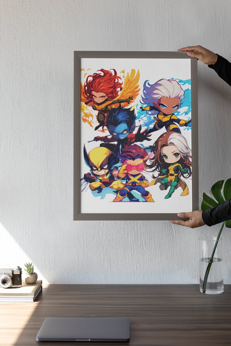 May include: A framed print of a cartoon illustration of six characters from the X-Men comic book series. The characters are drawn in a chibi style and are depicted in various poses. The characters are Wolverine, Cyclops, Rogue, Storm, Beast, and Jean Grey. The print is on a white background and is framed in a gray frame.