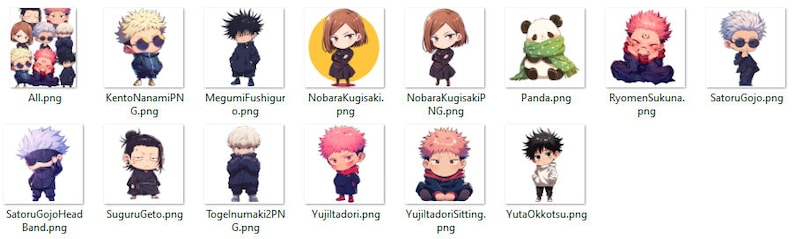 May include: A collection of digital illustrations featuring characters from the anime series Jujutsu Kaisen. The characters are depicted in a chibi style, with large heads and small bodies. The illustrations are in a variety of poses and expressions, and they are all set against a white background.