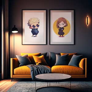May include: Two framed illustrations of cartoon characters. The illustration on the left is of a blonde male character wearing sunglasses and a blue jacket. The illustration on the right is of a brown-haired female character wearing a black coat and standing in a yellow circle. The illustrations are hanging on a dark gray wall above a yellow couch with blue pillows.