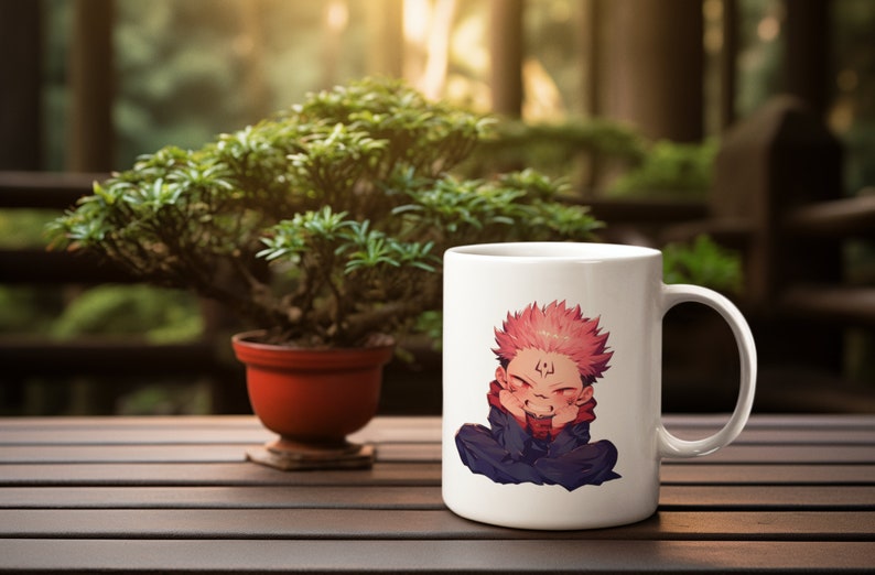 May include: White ceramic mug with a cartoon illustration of a pink-haired character with a black and red outfit. The character is sitting with their hands on their cheeks and smiling.