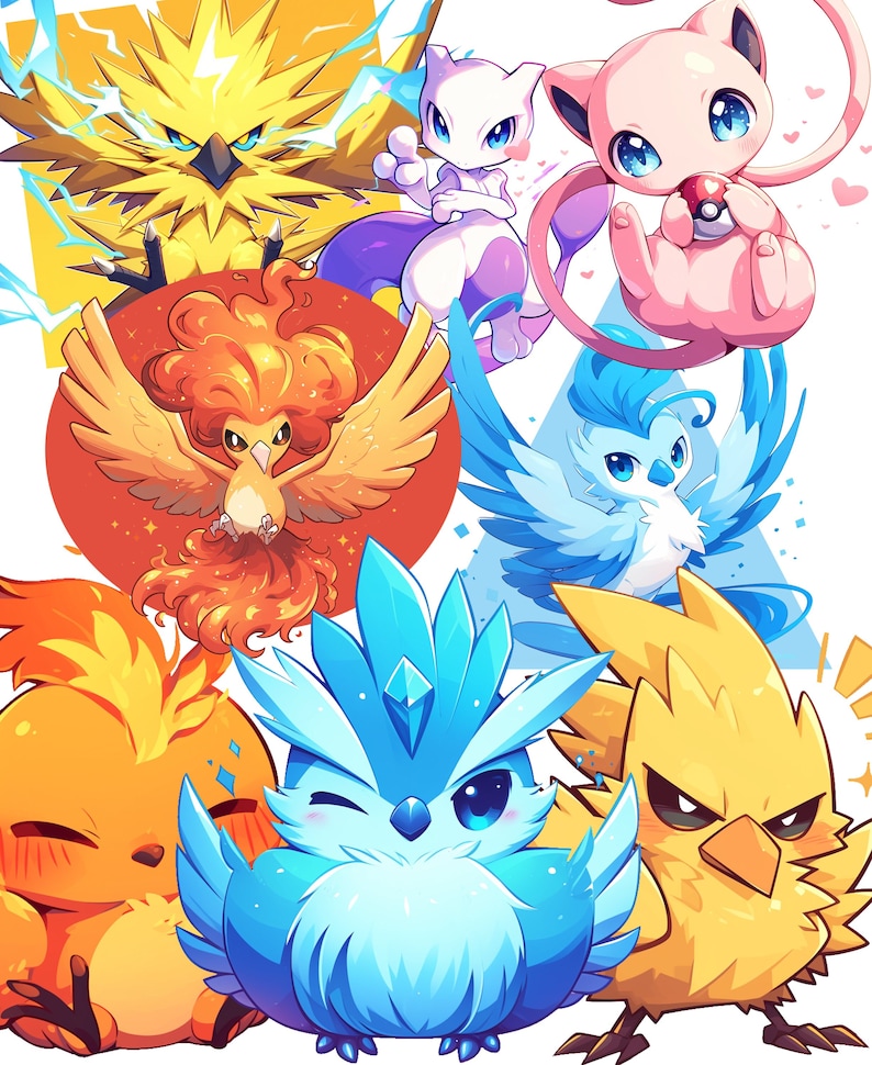 May include: A colorful illustration of various Pokemon characters, including Pikachu, Charizard, Articuno, and more. The characters are depicted in a cartoon style with bright colors and expressive features.