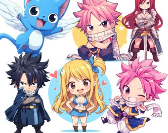 Cute Fairy Tail PNG, Lucy Heartfilia, Natsu, Happy, Erza, Gray, Anime Fan Art, Stickers, SVG, Chibi Characters, Kawaii Clipart Designs