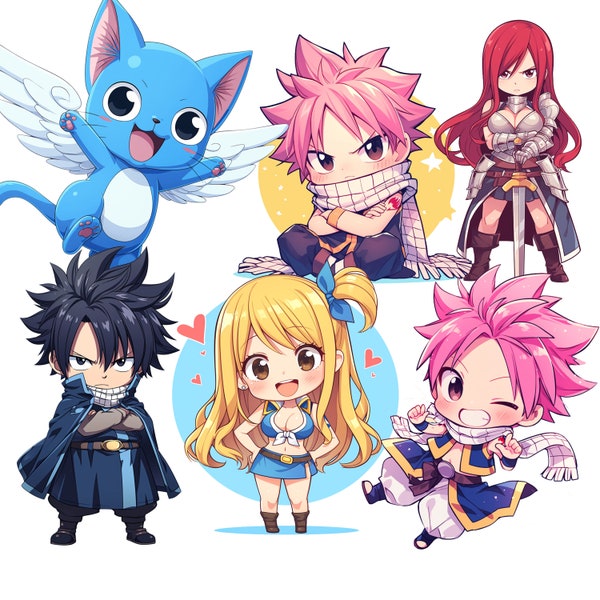 Cute Fairy Tail PNG, Lucy Heartfilia, Natsu, Happy, Erza, Gray, Anime Fan Art, Stickers, SVG, Chibi Characters, Kawaii Clipart Designs