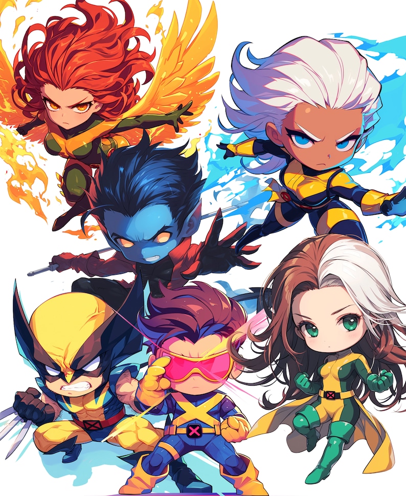 May include: A group of six cartoon characters in a chibi style. The characters are all wearing superhero costumes and are in various poses. The characters are: Wolverine, Cyclops, Rogue, Storm, Beast, and Jean Grey. The characters are all in a bright, colorful style with a white background.