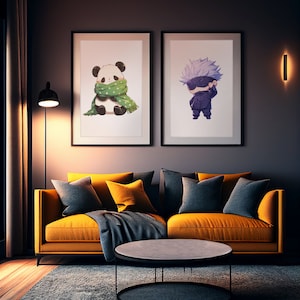May include: A living room interior with a yellow couch, two framed illustrations on the wall, a black coffee table, and a gray rug. The illustration on the left features a panda wearing a green scarf. The illustration on the right features a character with blue hair wearing a black mask and outfit.