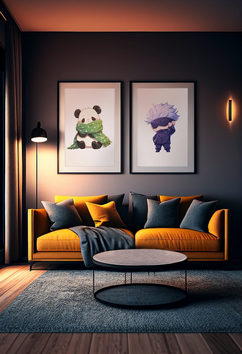May include: A living room interior with a yellow couch, two framed illustrations on the wall, a black coffee table, and a gray rug. The illustration on the left features a panda wearing a green scarf. The illustration on the right features a character with blue hair wearing a black mask and outfit.
