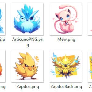 May include: Digital illustrations of the legendary Pokemon Articuno, Moltres, Zapdos, Mew, Mewtwo, and their back poses. The Pokemon are depicted in their signature colors: Articuno is blue, Moltres is red, Zapdos is yellow, Mew is pink, and Mewtwo is purple.