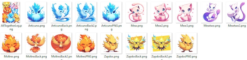 May include: Digital illustrations of the legendary Pokemon Articuno, Moltres, Zapdos, Mew, Mewtwo, and their back poses. The Pokemon are depicted in their signature colors: Articuno is blue, Moltres is red, Zapdos is yellow, Mew is pink, and Mewtwo is purple.