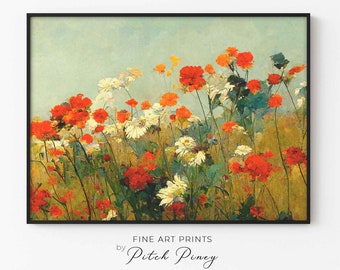 Printable Wall Art Oil Painting of a Cottage Core Decor Field of Flowers | Gallery Painting | Farmhouse Decor | Digital Download Fine Art