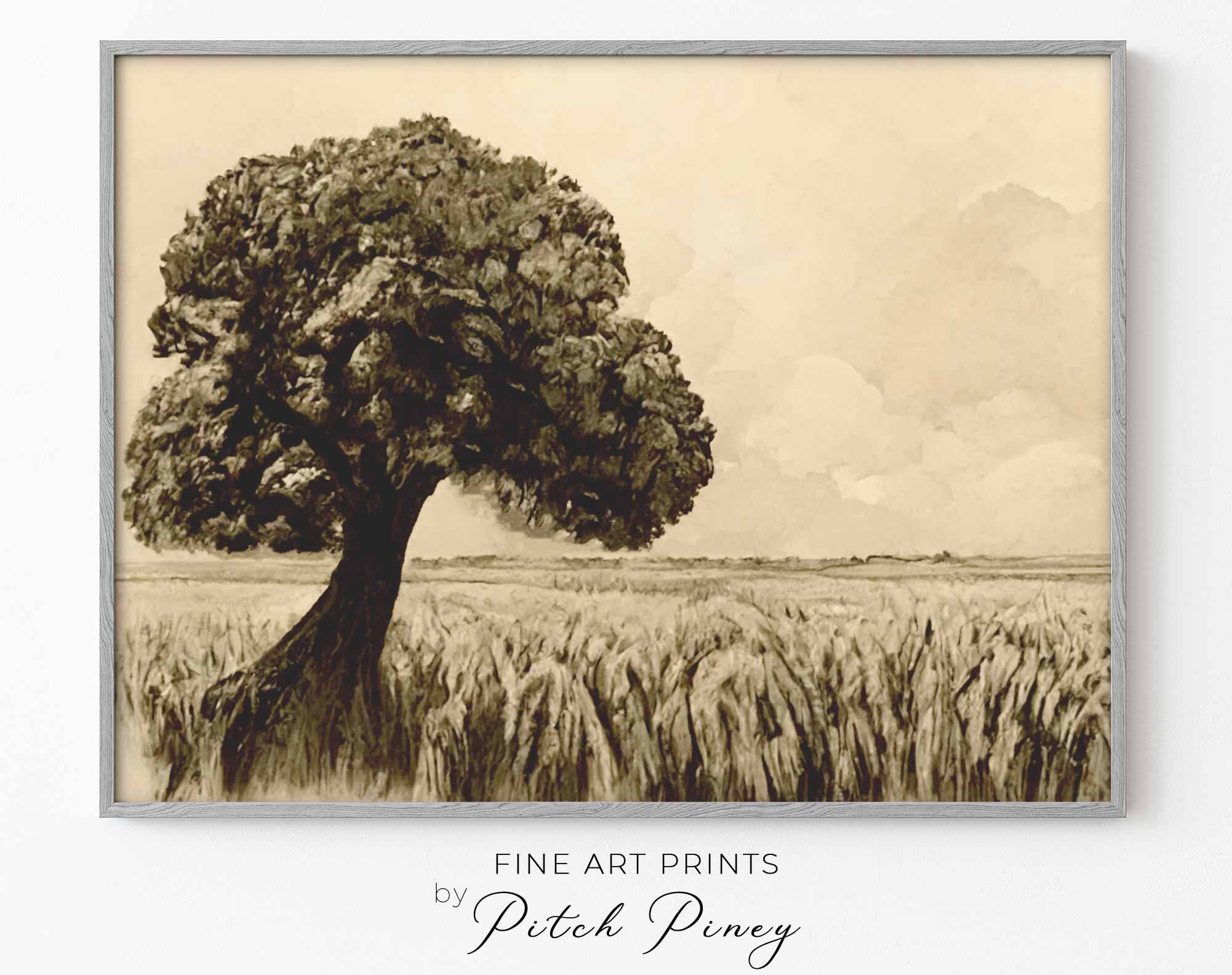 Vintage Fine Art | Houtskoolschets van boom in tarweveld - Sepia Wall Art  Digitaal AFDRUKBAAR - Etsy België, image size:2000x1584