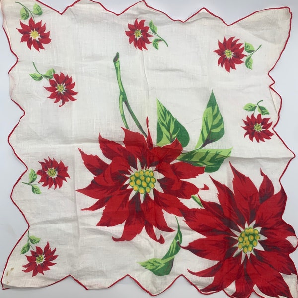 Vintage Christmas Holiday Handkerchief/Hanky - Scalloped Edges - Giant Poinsettias - Purse Handbag Accessory 15" X 15"