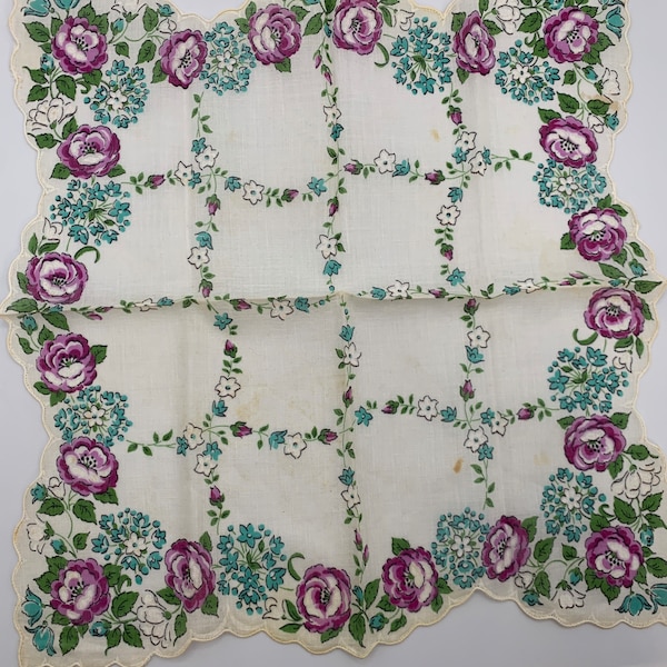 Vintage Victorian Floral Ladies' Handkerchief/Hanky - Delicate Purple & Teal Flowers on a Soft White Background - Scalloped Edges - 12"X12"