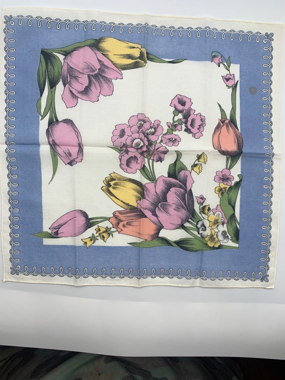 Vintage Handkerchief w/ Bouquets of Pink Yellow P… - image 1