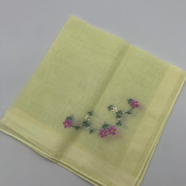 Vintage Dainty Lemony-Yellow Handkerchief Hanky w/Lavender & White Flowers - Delicate Floral - Embroidery Embroidered - Size 11" X 11"