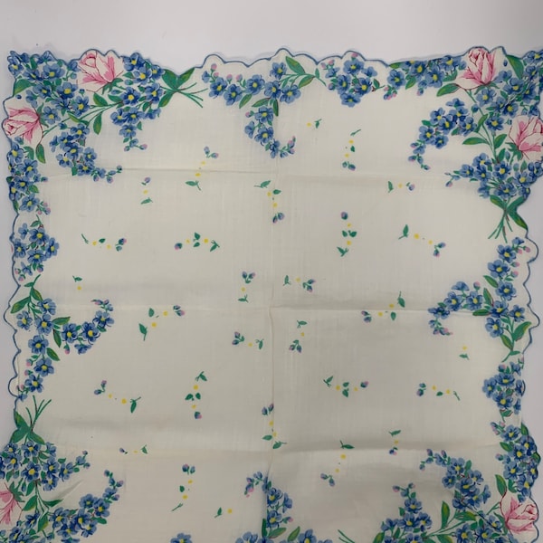 Vintage Handkerchief/Hanky - Blue Flowers - Pink Roses Scalloped Edges - 14" X 14"
