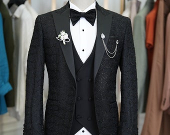 Black Slim Fit Men Suit Three Piece Tuxedo, Prom, Party, Dinner Wear, Groom,  Peak Lapel Wedding Tuxedo - Jacket, Vest, Pants And Gift