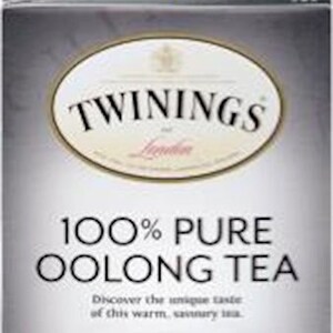 May include: A box of Twinings of London 100% Pure Oolong Tea. The box is black with a white oval containing the Twinings logo. The text "100% Pure Oolong Tea" is in black on a white background. The box contains 20 individual tea bags, net weight 1.41 oz (40g).