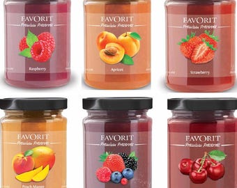 FAVORIT Conserva Melocotón Mango Cereza Frambuesa Fresa Bayas Tarro de Cristal 350g SIN OMG Sin jarabe de maíz Producto de Suiza