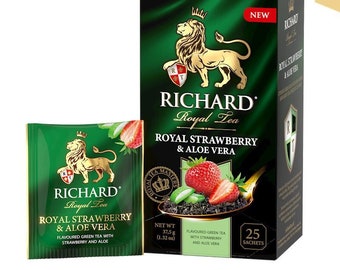 Richard Royal Green Tea ROYAL STRAWBERRY + ALOE Vera 25 Tea Bags Made in Russia All Natural Tea