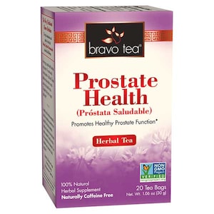 May include: Purple box of Bravo Tea Prostate Health herbal tea bags. The box features the text "Prostate Health (Próstata Saludable)" and "Promotes Healthy Prostate Function". The box also states that the tea is 100% natural, a herbal supplement, and naturally caffeine free. The box contains 20 tea bags and weighs 1.06 ounces (30 grams).