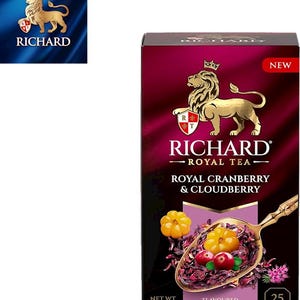 May include: A box of Richard Royal Tea, Royal Cranberry & Cloudberry flavor. The box is burgundy with gold accents and features a golden lion emblem. The front displays a spoon with tea leaves, cranberries, and cloudberries. Contains 25 sachets.